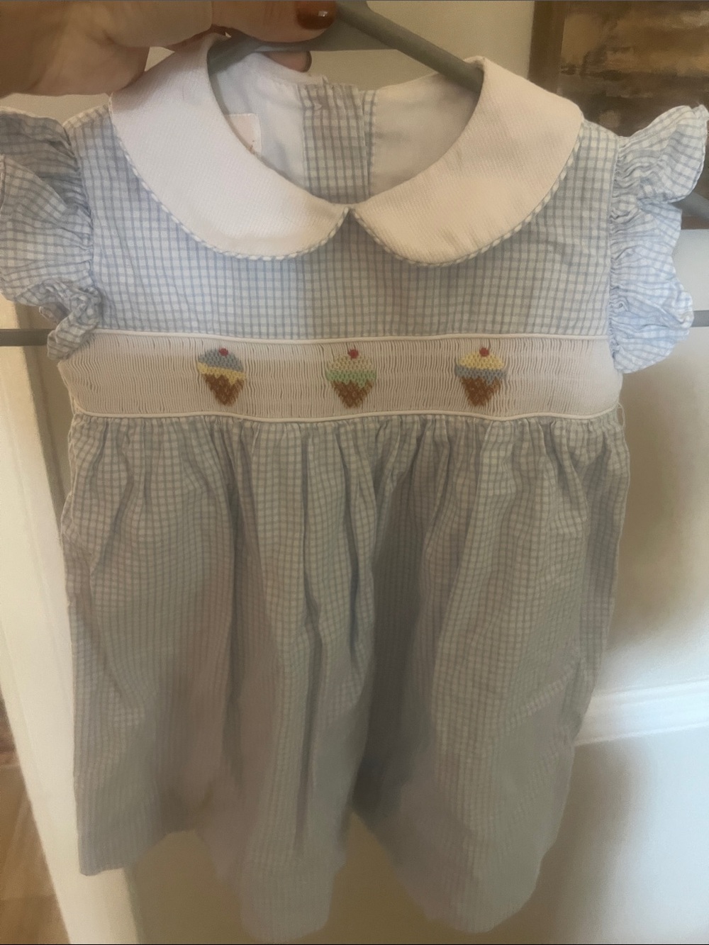 Gingham Smocked Kids Dress with Ice Cream Motif